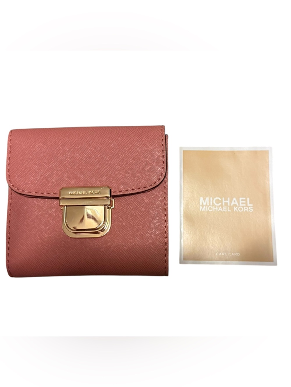 Michael Kors Rose-Pink Saffiano Leather Mini Wallet with Gold Hardware